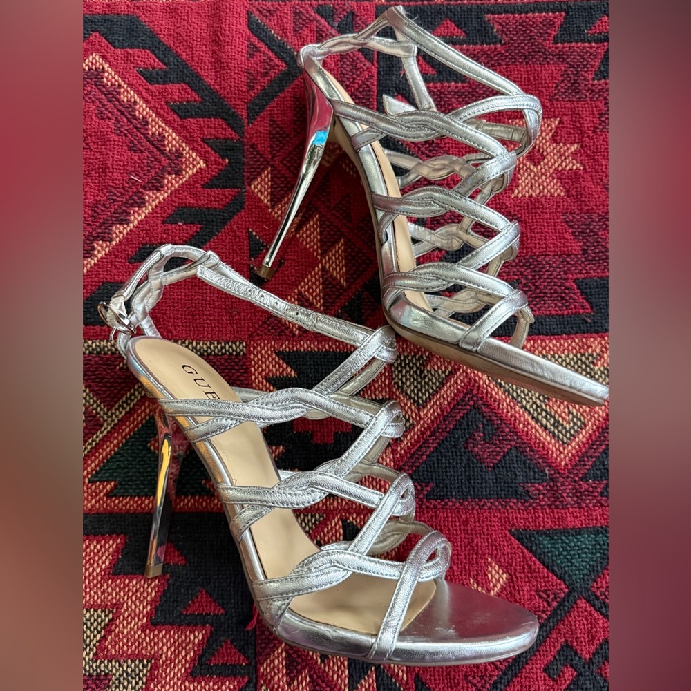 Guess Metallic Silver Strappy Heels